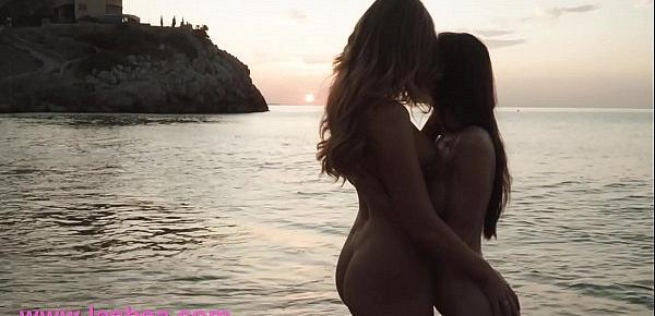  Lesbea Lesbian lovers Honour May and Lilu Moon pussy licking on the beach